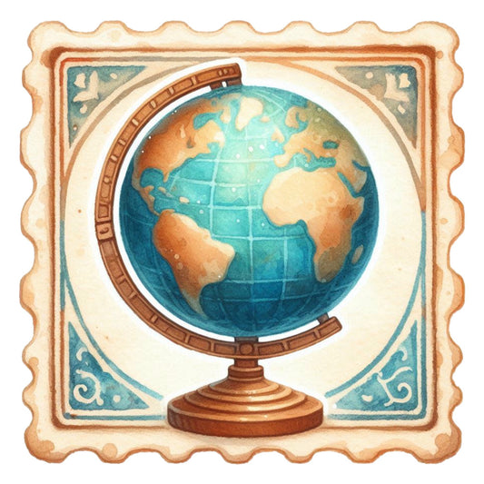 Vintage Travel Stamps Fabric Panel 10 featuring a detailed vintage-style globe with muted blues and browns on quilting cotton.