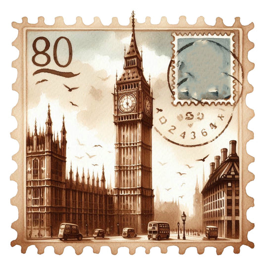 Vintage Travel Stamps Fabric Panel 11 featuring a sepia-toned Big Ben and London scene on premium quilting cotton.