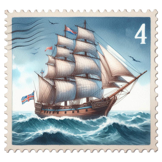 Vintage Travel Stamps Fabric Panel 12 featuring a detailed vintage sailboat on ocean waves, printed on premium quilting cotton.