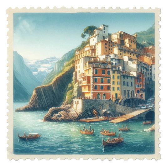 Vintage Travel Stamps Fabric Panel 13 showing a coastal village with boats on water, printed on premium quilting cotton.