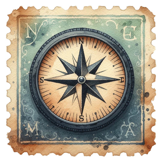 Vintage Travel Stamps Fabric Panel 14 featuring a detailed watercolor compass rose with aged, distressed edges on premium quilting cotton.