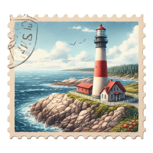 Vintage Travel Stamps Fabric Panel 16 featuring a detailed lighthouse scene on rocky coast with ocean and cloudy sky background.