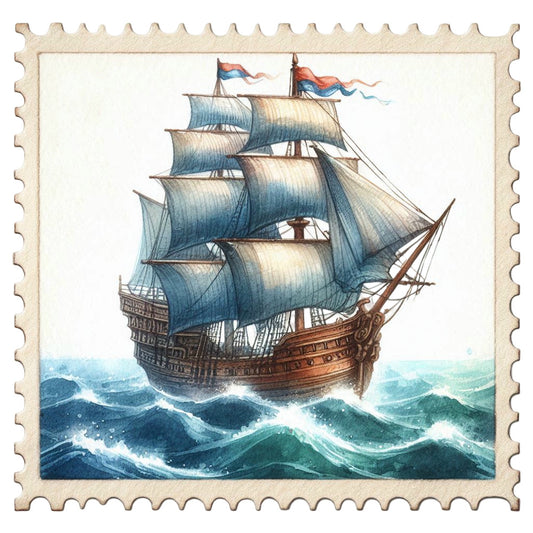 Vintage Travel Stamps Fabric Panel 17 featuring a detailed vintage sailing ship on ocean waves printed on premium quilting cotton.