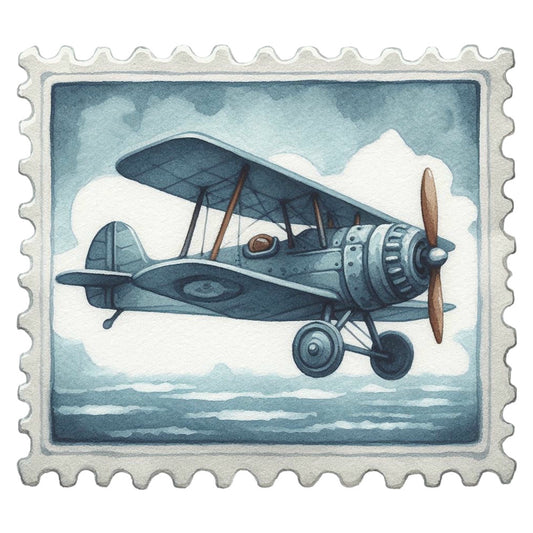 Vintage Travel Stamps Fabric Panel 18 featuring a vintage biplane illustration on premium quilting cotton fabric panel.