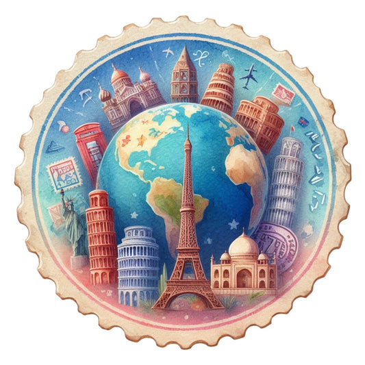 Vintage Travel Stamps Fabric Panel 19 featuring iconic global landmarks and vibrant quilting cotton print design.