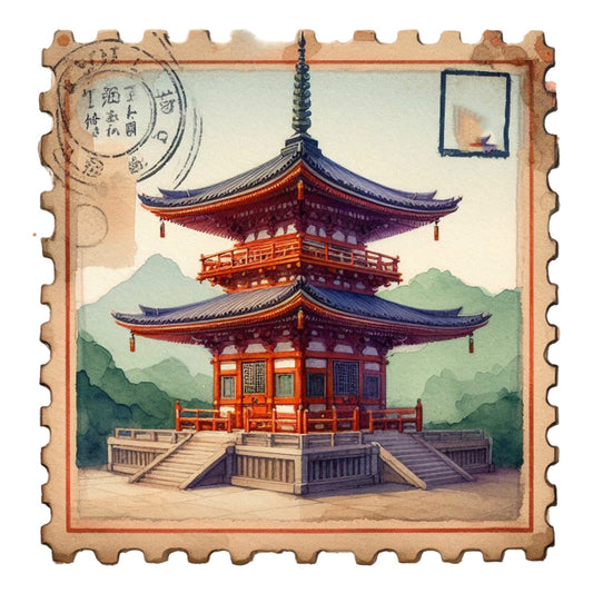Vintage Travel Stamps Fabric Panel 2 featuring a detailed pagoda stamp design with mountains in the background on quilting cotton.