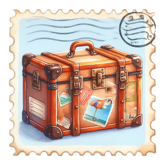 Vintage Travel Stamps Fabric Panel 20 featuring a detailed vintage suitcase with travel stamps on quilting cotton fabric.