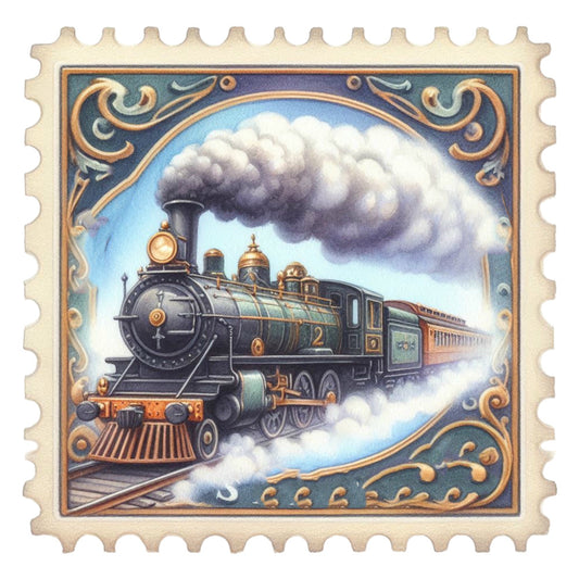 Vintage Travel Stamps Fabric Panel 21 featuring a detailed vintage steam locomotive in ornate stamp design on quilting cotton.