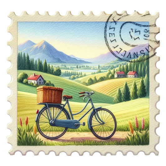 Vintage Travel Stamps Fabric Panel 22 features a scenic countryside with a bicycle and basket, printed on premium quilting cotton.