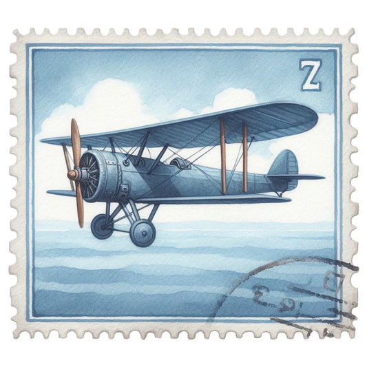 Vintage Travel Stamps Fabric Panel 3 featuring a vintage biplane postage stamp design in soft blue tones on premium quilting cotton.