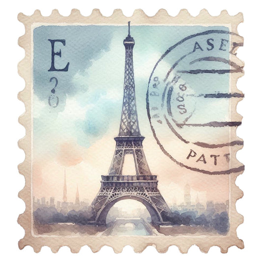 Vintage Travel Stamps Fabric Panel 4 featuring a watercolor Eiffel Tower design in a vintage postage stamp style print.