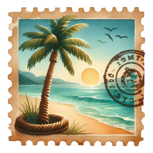 Vintage Travel Stamps Fabric Panel 5 featuring a tropical beach scene with palm tree, ocean waves, and sunset printed on premium cotton fabric.