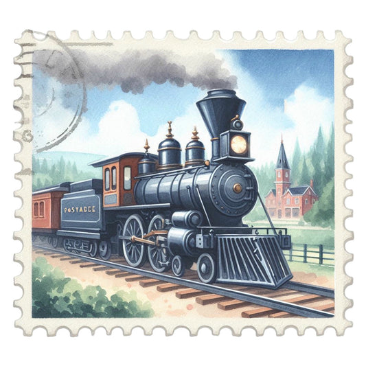 Vintage Travel Stamps Fabric Panel 6 featuring a detailed vintage steam locomotive on tracks with countryside and church backdrop.