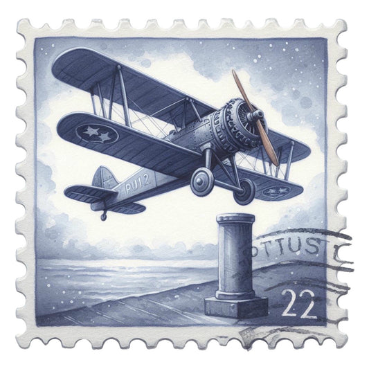 Vintage Travel Stamps Fabric Panel 7 featuring a detailed vintage biplane postage stamp with ocean background and a postmark.