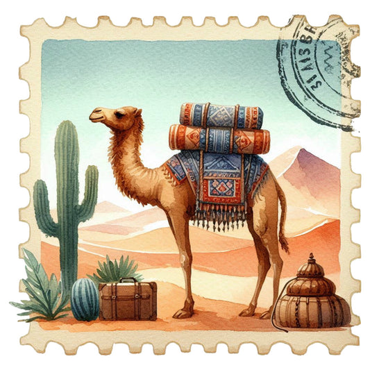 Vintage Travel Stamps Fabric Panel 8 featuring a camel with luggage, desert scene, and southwestern cactus in warm tones.