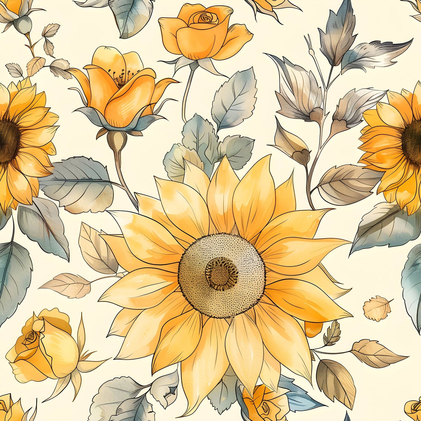 Vintage Autumn Sunflowers Pattern 19 Quilting Cotton Fabric
