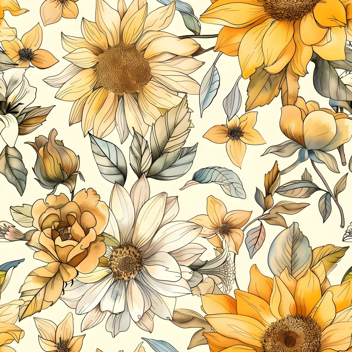 Vintage Autumn Sunflowers Pattern 7 Quilting Cotton Fabric