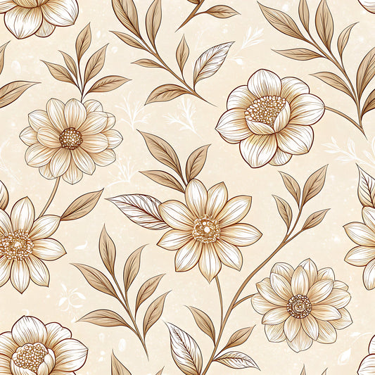 Vintage Beige Sepia Floral Pattern 6 Quilting Cotton Fabric