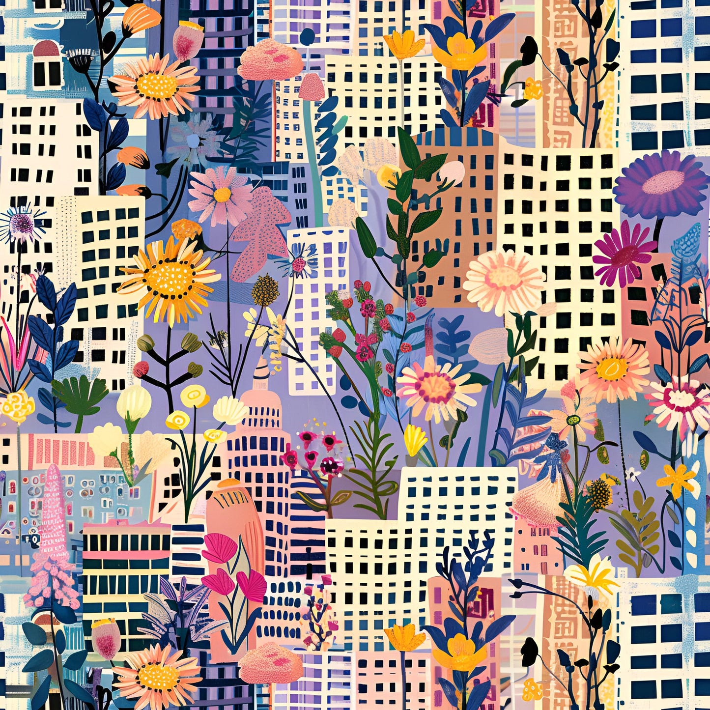 Vintage Cityscape Wildflowers Pattern 1 Quilting Cotton Fabric