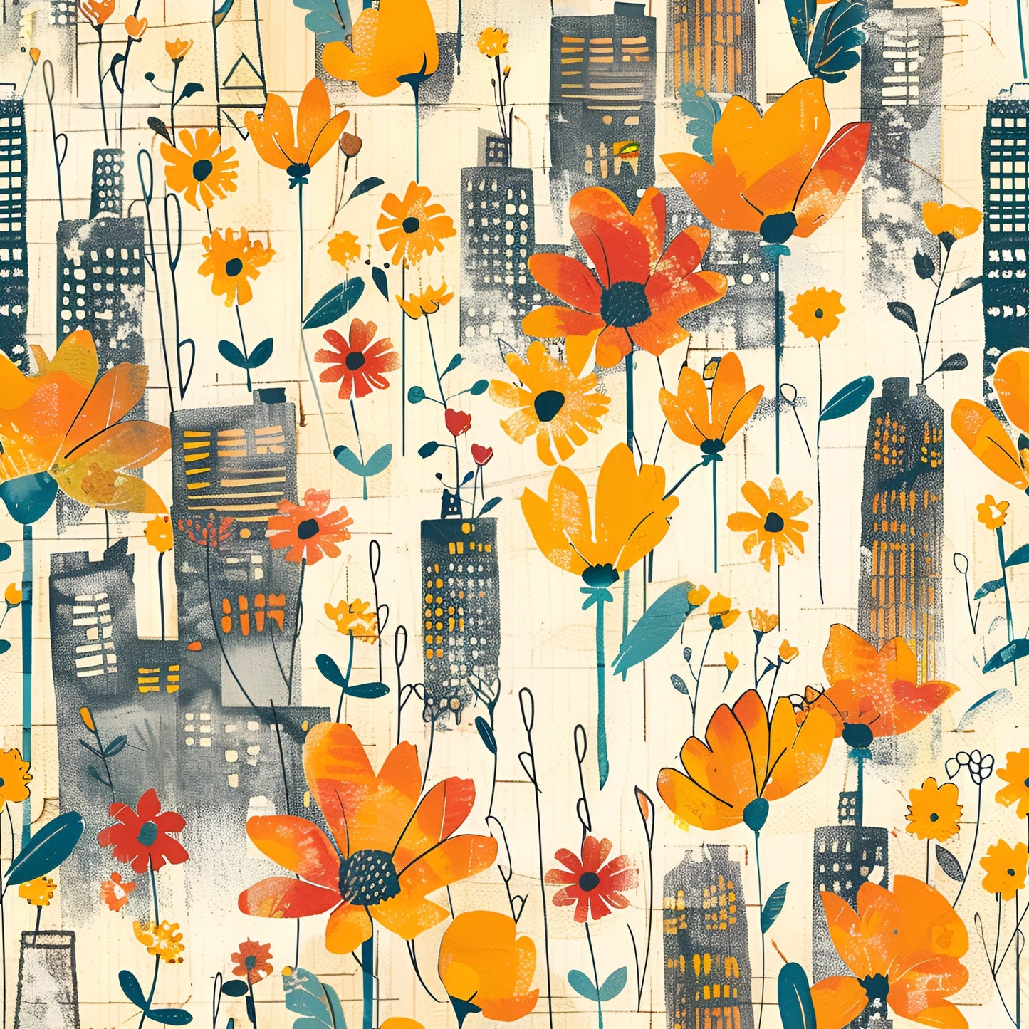 Vintage Cityscape Wildflowers Pattern 11 Quilting Cotton Fabric