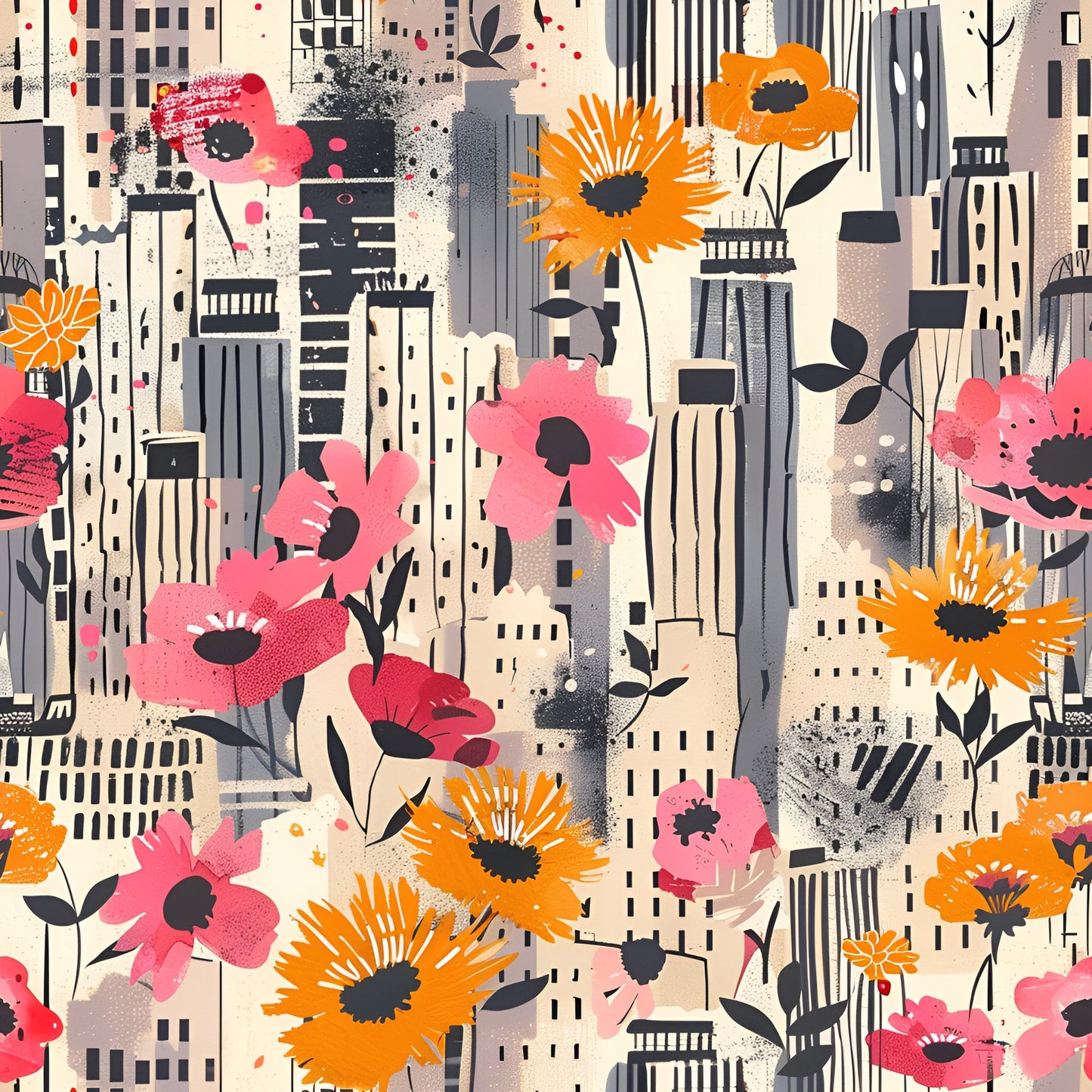 Vintage Cityscape Wildflowers Pattern 2 Quilting Cotton Fabric
