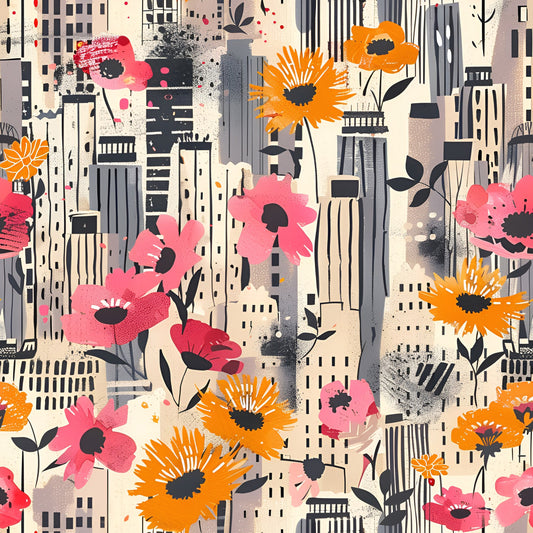 Vintage Cityscape Wildflowers Pattern 3 Quilting Cotton Fabric