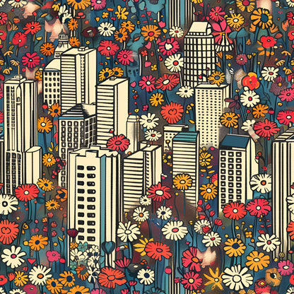 Vintage Cityscape Wildflowers Pattern 5 Quilting Cotton Fabric