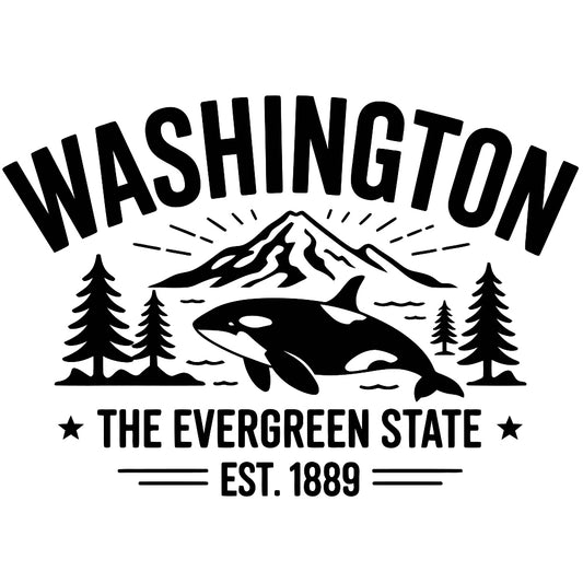 Washington Black and White Fabric Panel featuring orca, mountain, and evergreen trees, celebrating The Evergreen State, est. 1889.