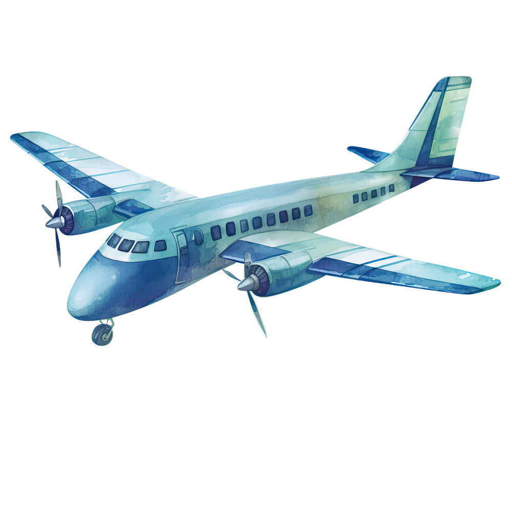Watercolor Airplane Fabric Panel featuring a detailed, soft-toned blue propeller airplane illustration on premium quilting cotton.