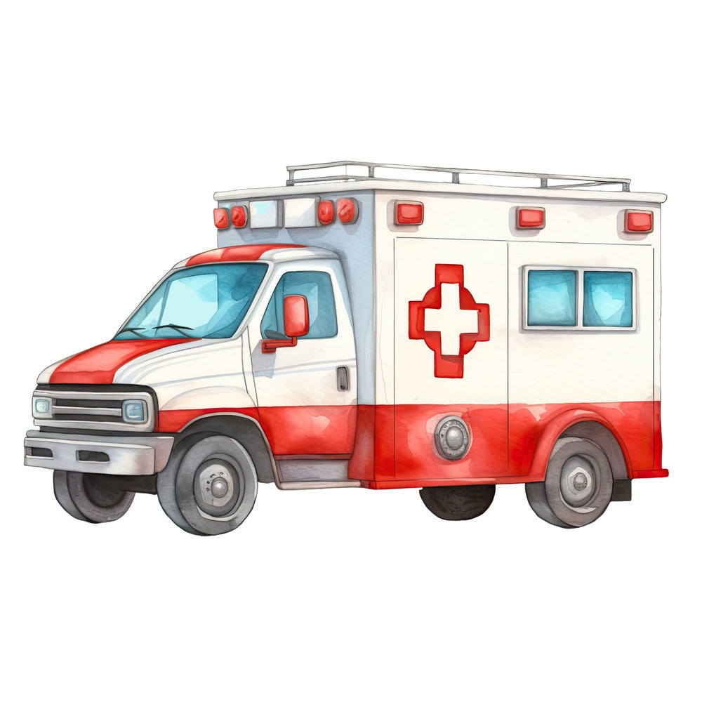 Watercolor Ambulance Fabric Panel showing detailed red and white emergency vehicle illustration on premium quilting cotton fabric.