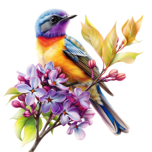 Watercolor Birds on a Branch Fabric Fabric Panel 1 featuring a vibrant bird perched on a blooming branch with detailed purple flowers.