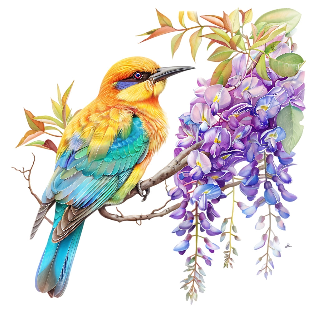 Watercolor Birds on a Branch Fabric Fabric Panel 10 featuring a vibrant bird perched on a blooming purple wisteria branch.