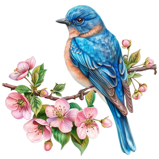 Watercolor Birds on a Branch Fabric Fabric Panel 11 featuring a detailed bluebird perched on a blossoming branch with pink flowers.