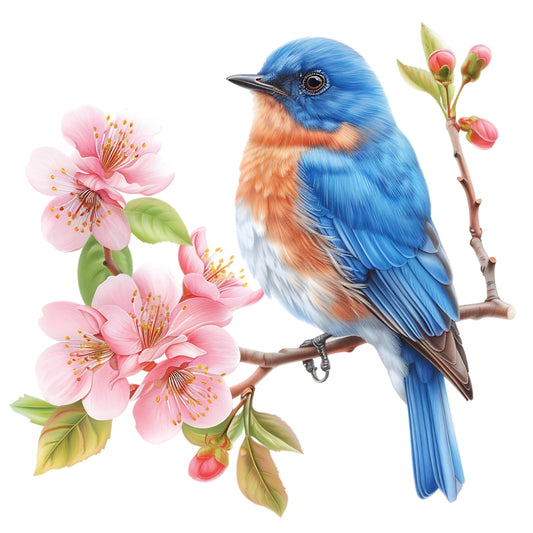 Watercolor Birds on a Branch Fabric Fabric Panel 12 featuring a detailed bluebird perched on a blooming branch with pink flowers.