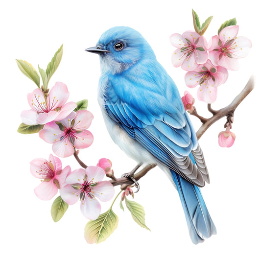 Watercolor Birds on a Branch Fabric Fabric Panel 14 featuring a detailed blue bird perched on a flowering branch.