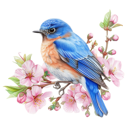 Watercolor Birds on a Branch Fabric Fabric Panel 15 featuring a detailed bluebird perched on a blooming pink cherry blossom branch.