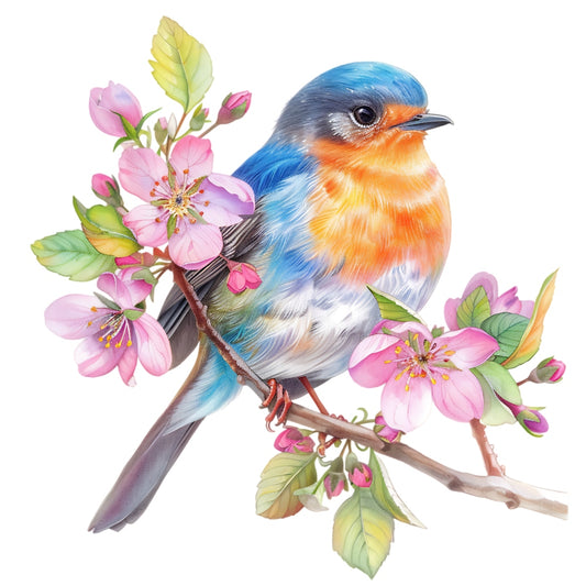 Watercolor Birds on a Branch Fabric Fabric Panel 16 featuring a vibrant blue and orange bird perched on a flowering branch.