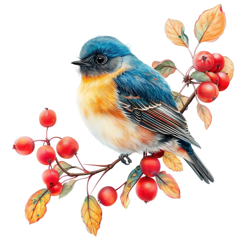 Watercolor Birds on a Branch Fabric Fabric Panel 17 featuring a detailed blue and orange bird perched on a berry-laden branch.