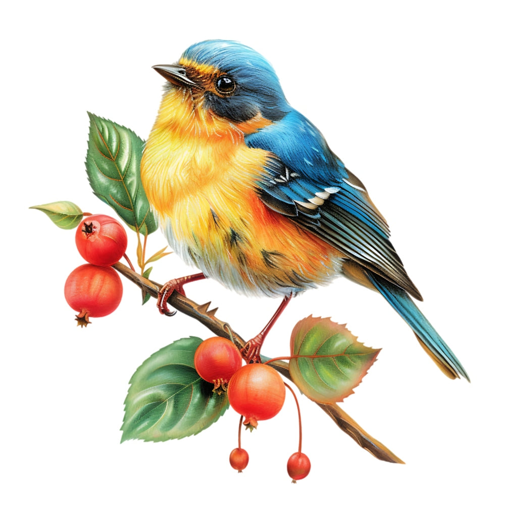 Watercolor Birds on a Branch Fabric Fabric Panel 19 showing a colorful blue and orange bird perched on a branch with red berries and green leaves.