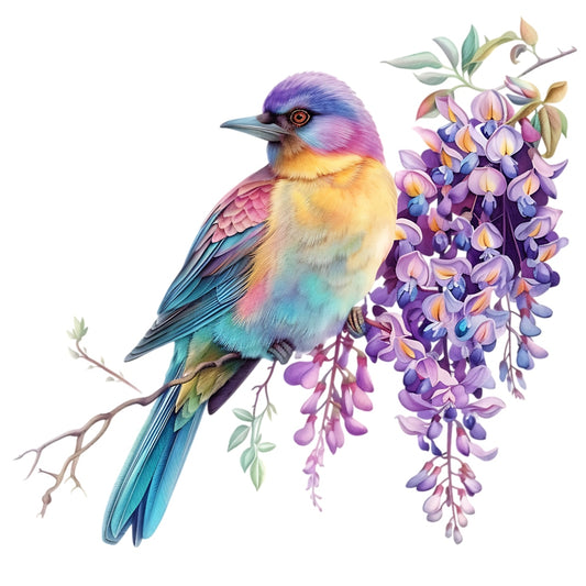 Watercolor Birds on a Branch Fabric Fabric Panel 2 with a vibrant multicolored bird perched on a branch with purple flowers.