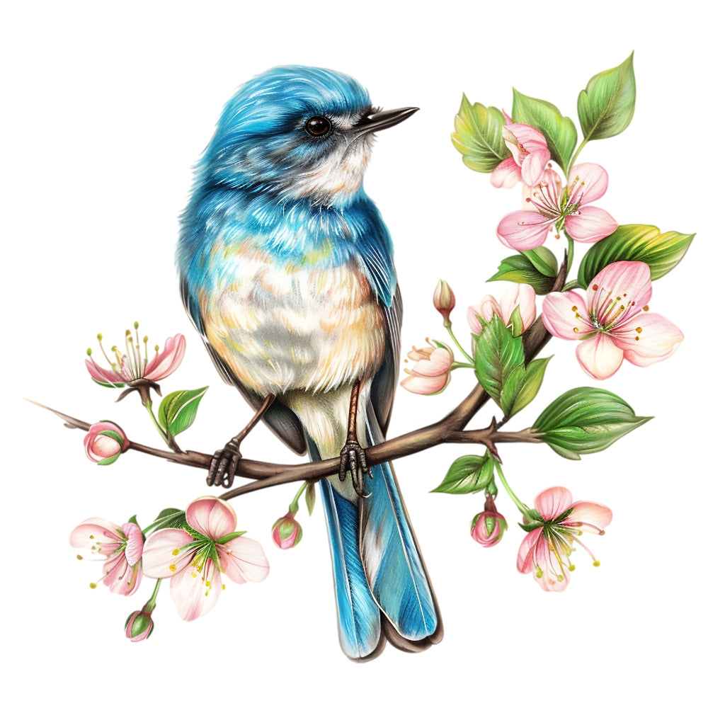 Watercolor Birds on a Branch Fabric Fabric Panel 21 with a detailed blue bird perched on a flowering branch with pink blossoms.