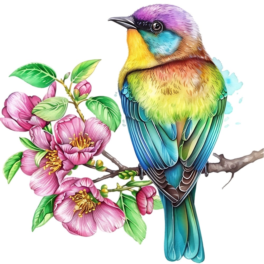 Watercolor Birds on a Branch Fabric Fabric Panel 23 featuring a colorful bird perched on a flowering branch on premium quilting cotton.