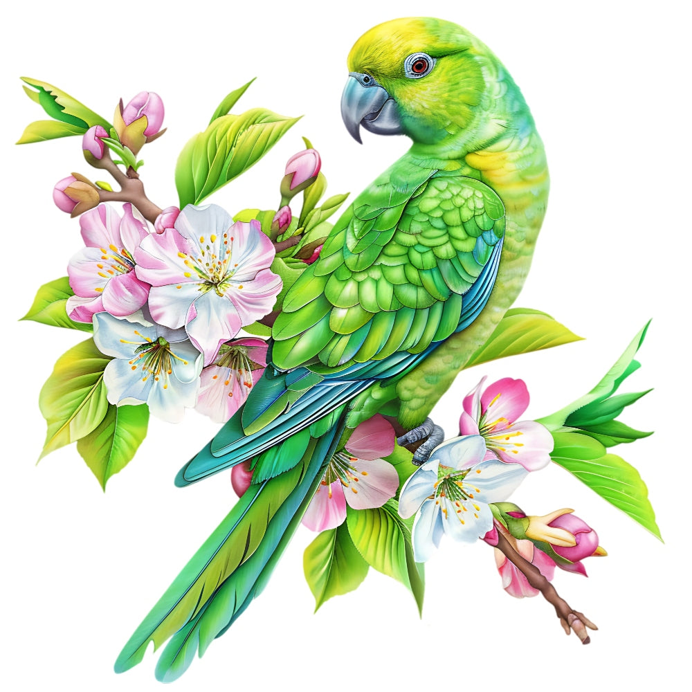Watercolor Birds on a Branch Fabric Fabric Panel 25 showcasing a vibrant green parrot perched on blooming pink and white flowers.