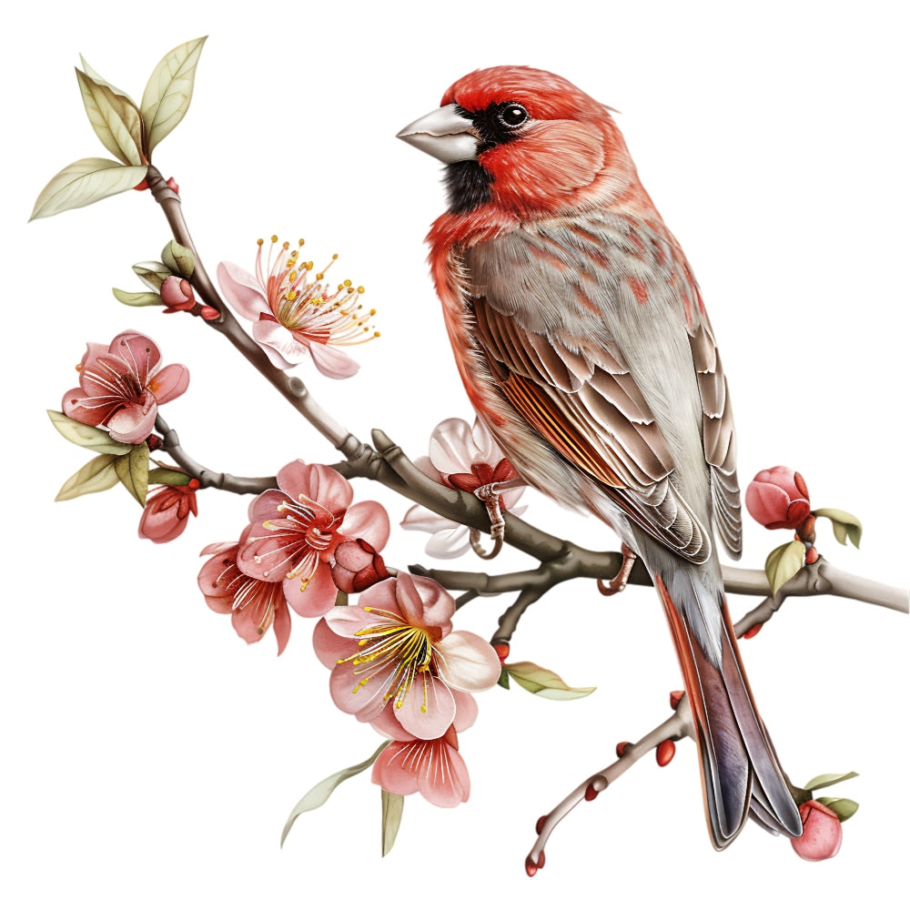 Watercolor Birds on a Branch Fabric Fabric Panel 27 featuring a detailed red bird perched on a blossoming branch with pink flowers.