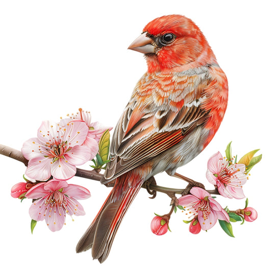 Watercolor Birds on a Branch Fabric Fabric Panel 28 features a detailed red bird perched on a blossoming branch with pink flowers.