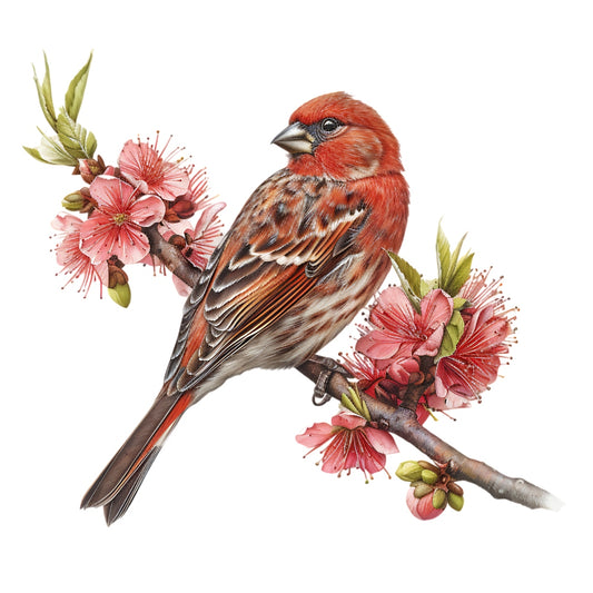 Watercolor Birds on a Branch Fabric Fabric Panel 29 featuring a detailed red bird perched on a blooming branch with pink flowers.