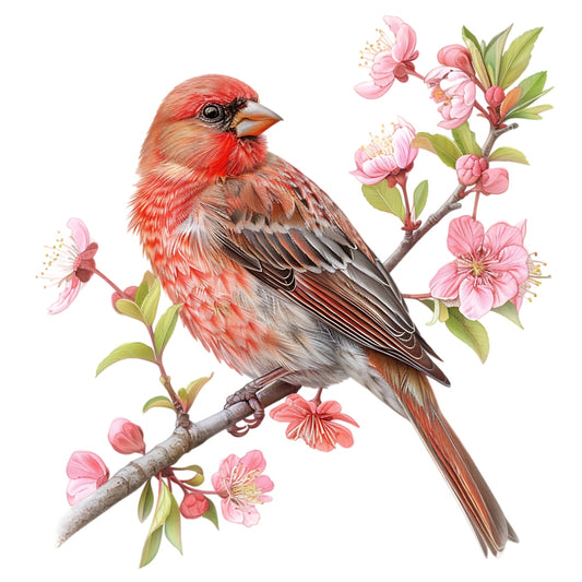 Watercolor Birds on a Branch Fabric Fabric Panel 30 with a detailed red bird perched on a blooming pink cherry blossom branch.