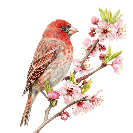 Watercolor Birds on a Branch Fabric Fabric Panel 31 featuring a detailed red bird perched on a blooming pink cherry blossom branch.