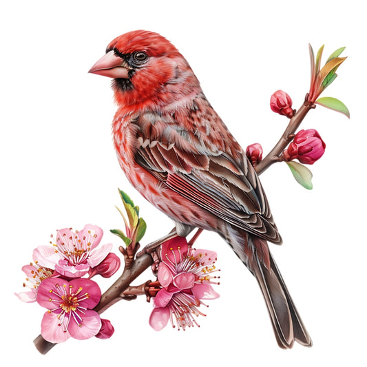 Watercolor Birds on a Branch Fabric Fabric Panel 32 featuring a detailed red bird perched on a blooming pink flower branch.