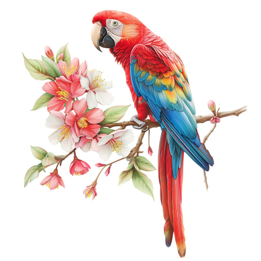 Watercolor Birds on a Branch Fabric Fabric Panel 33 featuring a vibrant red and blue parrot perched on a blossoming branch with pink flowers.